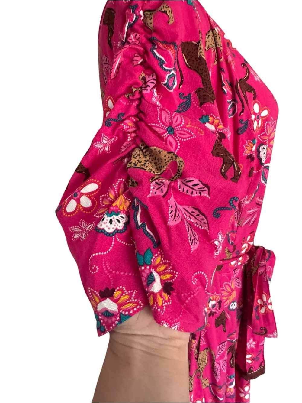 Torrid Pink Jungle Leopard Floral Button Front Midi Dress Tie Waist Plus Size - Picture 4 of 9